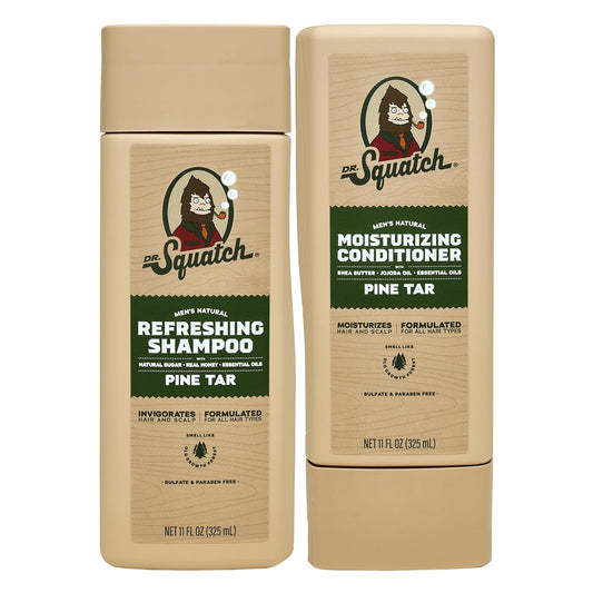 Dr. Squatch Natural Hair Bundle for Men - Healthy, Full Looking Hair - Pine Tar Shampoo (11 fl oz), Pine Tar Conditioner (11 fl oz)