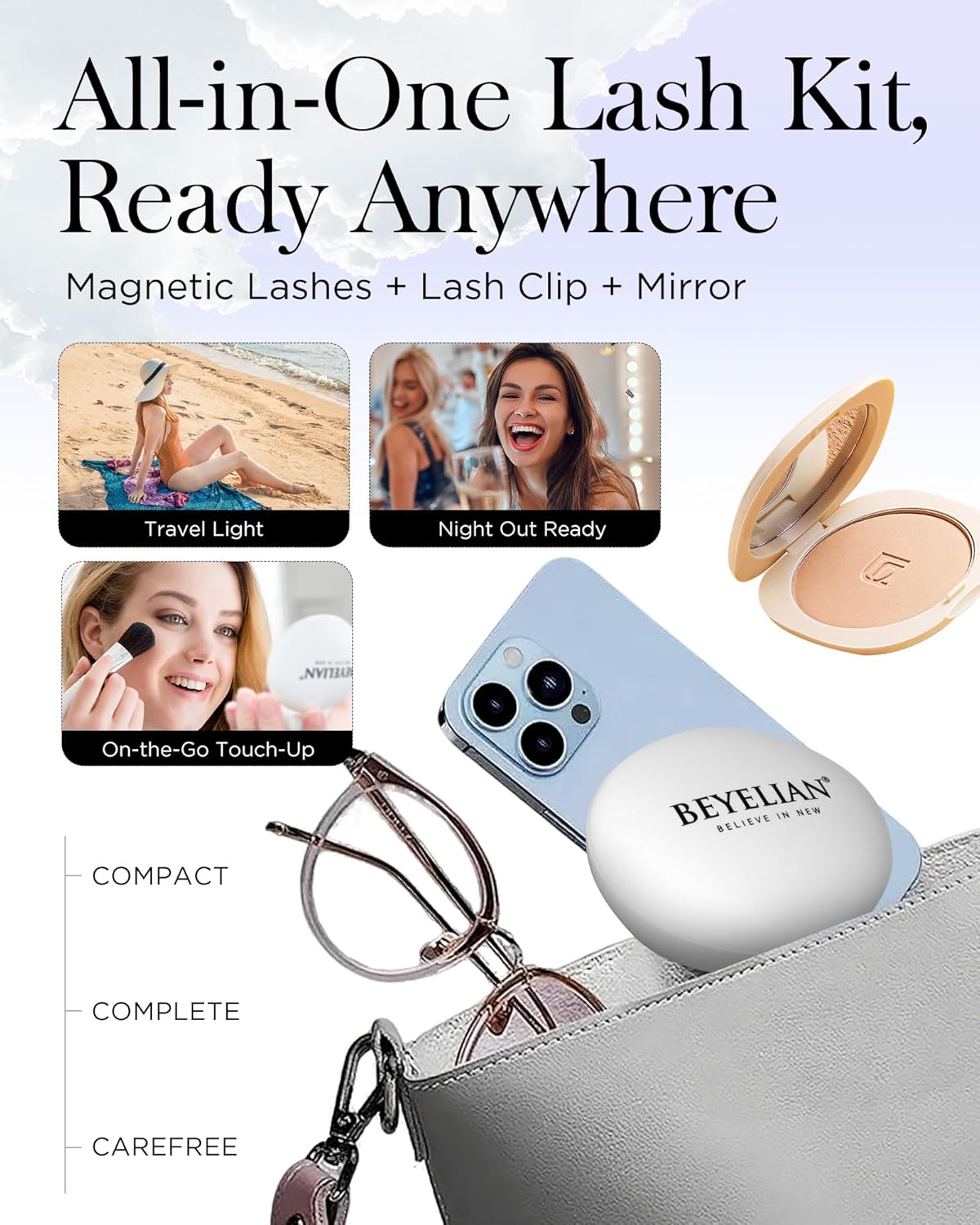 BEYELIAN Magnetic Eyelashes with Applicator Kit, Portable Soft Magnetic Lashes Reusable, No Glue Needed Soft Magnetic Manga Lashes for Eye All-In-One Box (Lightweight & Comfortable)