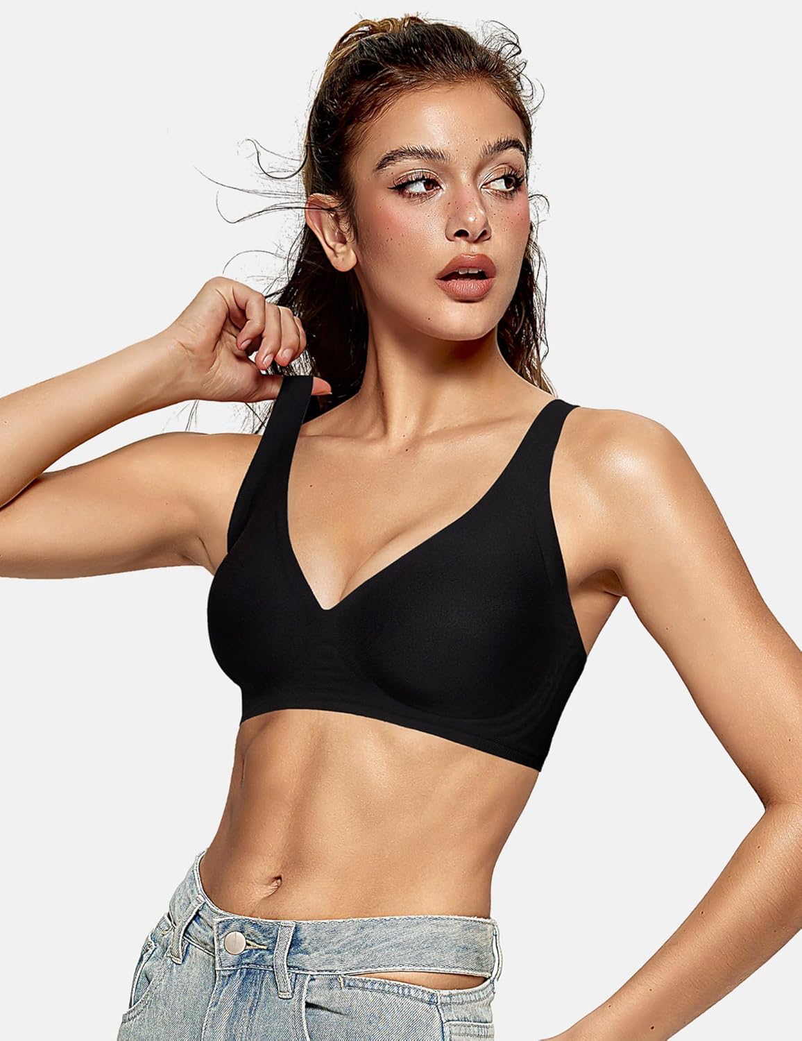 OEAK Womens Deep V Bras Wireless Comfortable Bra Supportive No Underwire Bras Tshirt Push Up Bralettes Plunge Seamless Bra