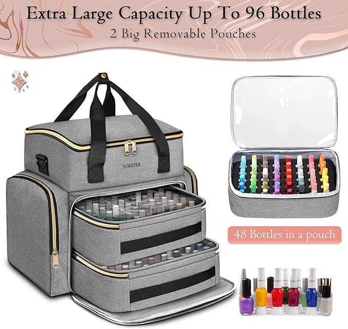 YOREPEK Nail Polish Organizer Case Holds 96 to 100+ Bottles (15ml/0.5 fl.oz) UV lamp, Extra Large Nail Polish Holder with Support Board for Easy Access, Gel Kit Bag For Manicure Tools, Grey