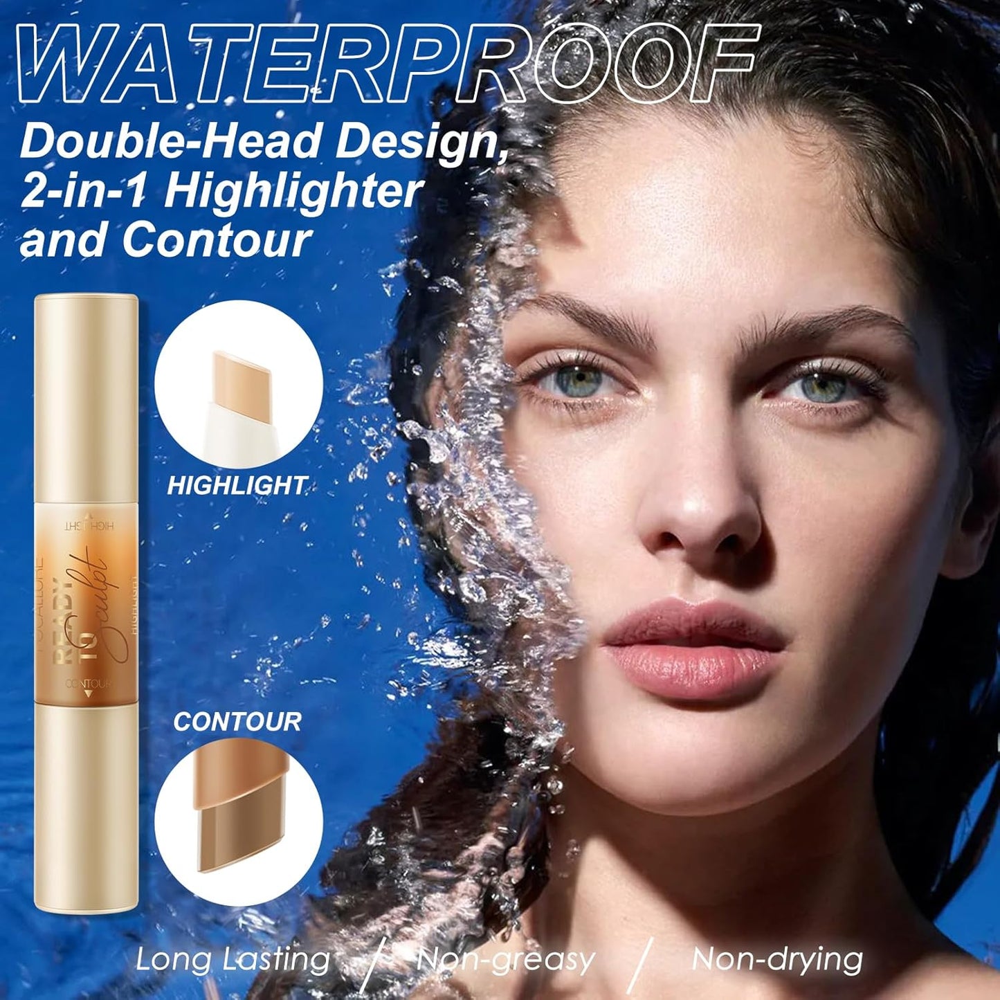 FOCALLURE 2 in 1 Cream Bronzer and Highlighter Stick,Non-greasy & Non-drying Contour Pencil,Easy to Create a Natural Matte Finishing,Long Lasting & Waterproof Face Brighten Make up Pen,DEEP