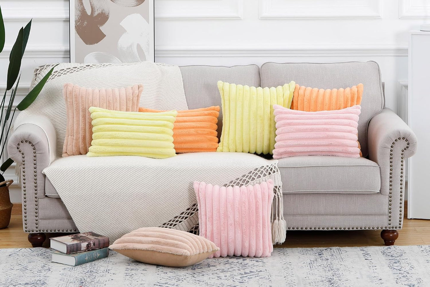 MADIZZ Set of 2 Faux Wool Plush Decorative Throw Pillow Covers 18x18 Inch Yellow Fluffy Striped Soft Decorative Cushion Cover for Sofa Bedroom Pillow Shell