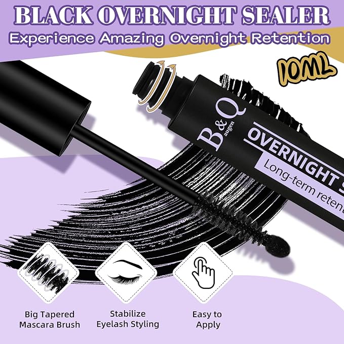B&Q Lash Clusters Overnighter 10ML Lash Sealer for Cluster Lashes Black Lash Extension Sealant Healthy Lash Sealant Longer Life Coating Lash Seal (Black,10ml)