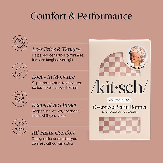 Kitsch XL Satin Bonnet for Sleeping - Softer Than Silk Bonnet For Sleeping Women - Secure Fit Adjustable Night Cap For Curly & Textured Hair, Prevents Breakage, Tangles & Thinning, Terracotta Checker