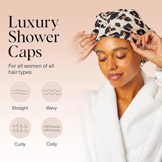 Kitsch Luxury Shower Caps for Women Reusable Waterproof - Large Shower Cap for Women, Non-slip, Quick-dry Hair Cap for Long and Short Hair, Comfortable and Stylish Design - Leopard