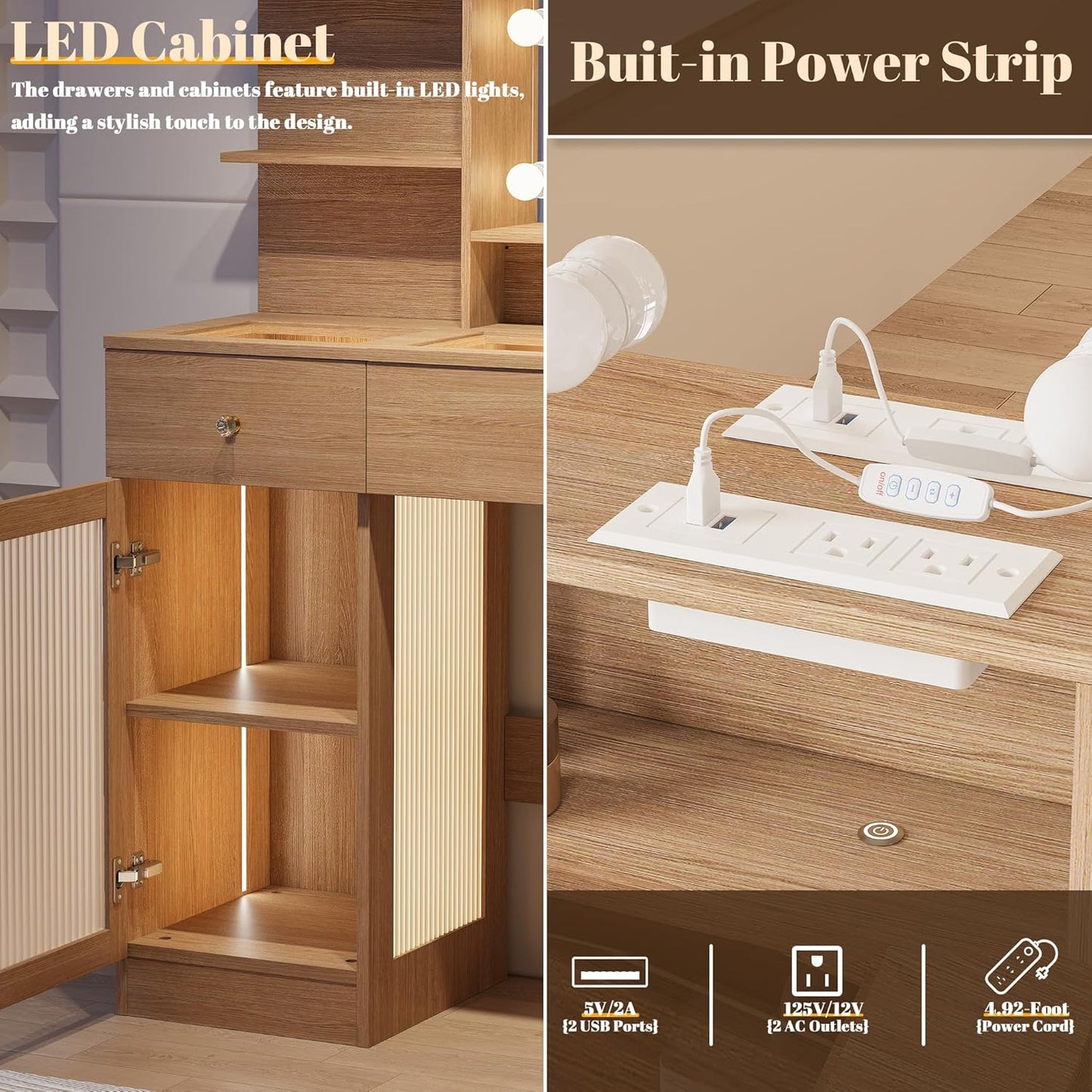 40" Vanity Desk with Large Mirror and Lights, Modern Glass Top Makeup Vanity Set with Power Outlet, Drawers and Cabinet, 3 Lighting Color Adjustable Dressing Table for Bedroom,Oak