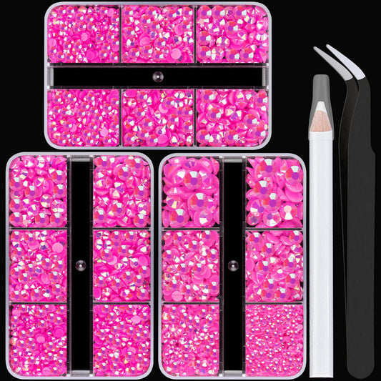 Resin Rhinestones Crafting, 2/3/4/5/6mm Flatback Jelly Rhinestones, 3 Box Hot Pink AB Non Hotfix Crystal Gems for Bedazzling Crafts Mugs Tumblers Clothes Makeup Nail