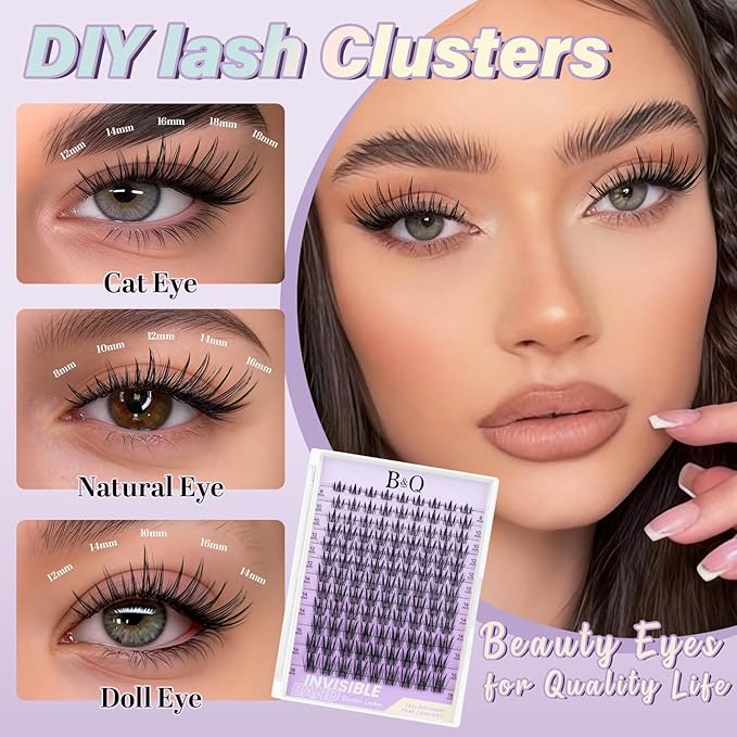 B&Q Bella Lash Clusters Kit Natural Lashes Clusters Wispy Invisible Band Manga Lashes Individual Lashes Bond and Seal Eyelash Extension Kit Easy Removal (Bella Kit)