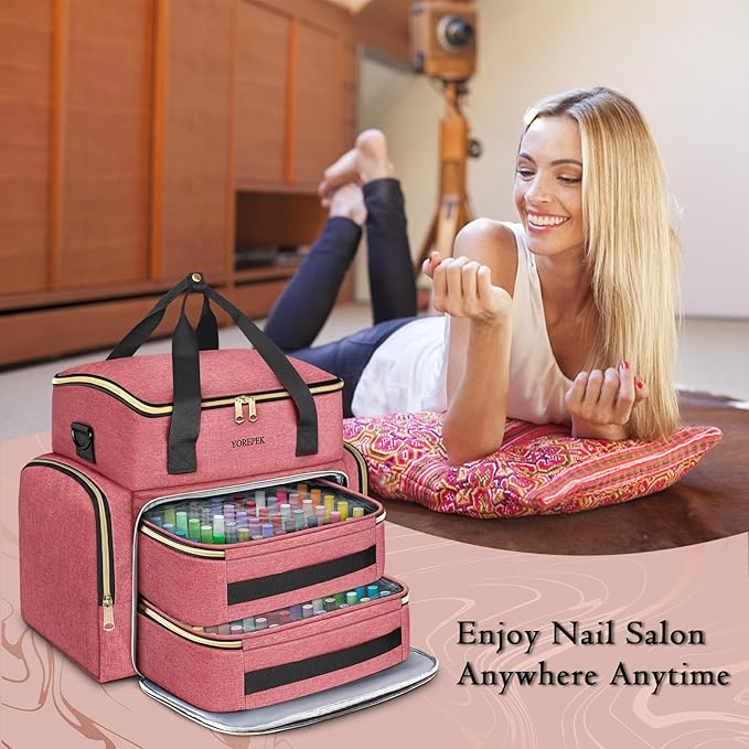 YOREPEK Nail Polish Organizer Case With Foam Inserts Protect Up 96 to 100+ Bottles (15ml/0.5 fl.oz) UV lamp, Travel Nail Tech Carrying Case with Adjustable Space for Gel Dip Powder Tips Set, Pink