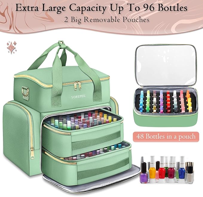 YOREPEK Extra Large Nail Polish Organizer Case Holds 96 to 100+ Bottles (15ml/0.5 fl.oz) UV lamp, Gel Polish Travel Case Bag with 2 Removable Pouches Fits Nail Suppiles, Gifts for Manicurist, Green