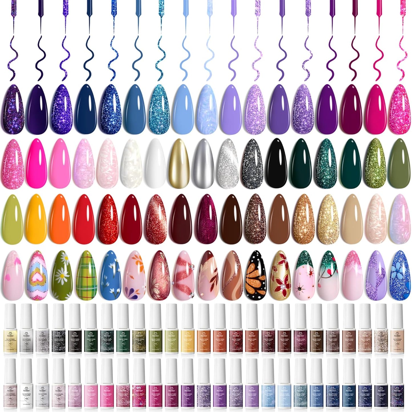 Beetles 50 Colors Gel Liner Nail Polish Set French Tip Nail Art Polish Glitter Brown Purple Blue Gel Nails Polish White Pink Swirl Nails Art Painted Cat Eye Build in Thin Brush Manicure Gift for Women