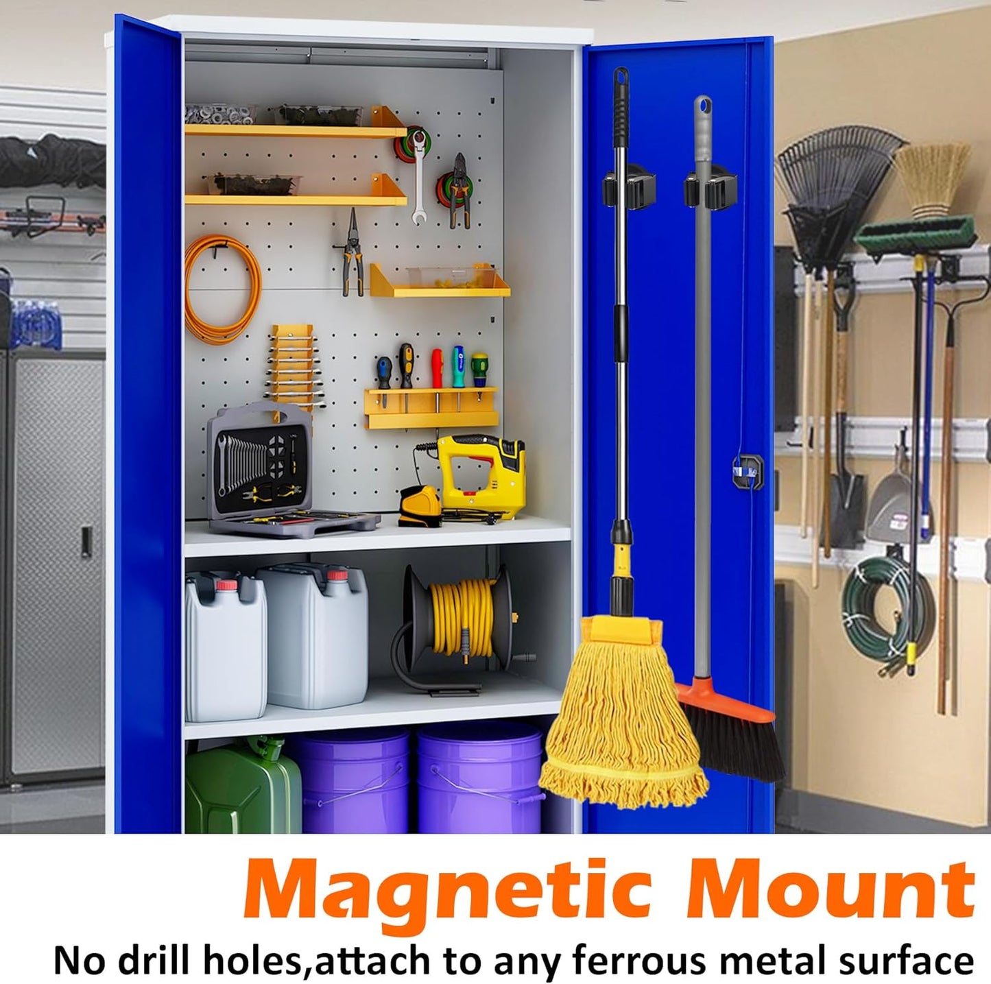 MUTUACTOR Magnetic Broom Holder Heavy Duty,12lbs Magnetic Mount Broom and Mop Holder with Utility Grippers,2PCS Non-scratch Magnetic Tool Holder for Work Garage Laundry Kitchen RV Van Accessories