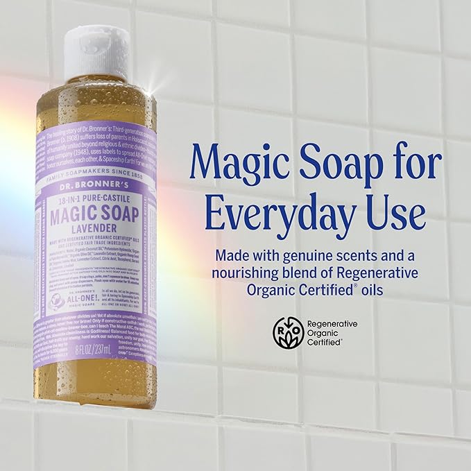 Dr. Bronner's Pure-Castile Liquid Soap, Made with Organic Oils, 18-in-1 Uses: Face, Body, Hair, Laundry, Pets and Dishes, Concentrated, Vegan, Non-GMO, Lavender, 32 Oz