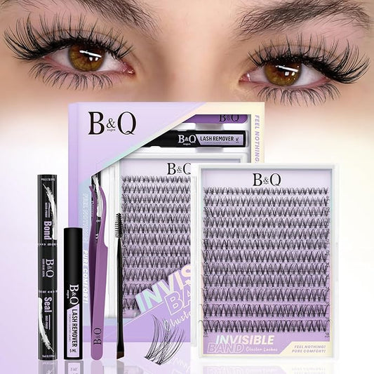 B&Q Venus Lash Clusters Kit Natural Lashes Clusters Wispy Invisible Band Manga Lashes Individual Lashes Bond and Seal Eyelash Extension Kit Easy Removal (Venus Kit-8-18MIX)
