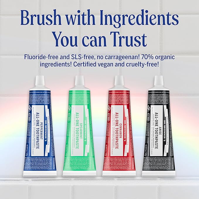 Dr. Bronner’s All-One Toothpaste– Cinnamon, 5 oz, 3-Pack– Fluoride-Free Toothpaste for Adults, SLS-Free, 70% Organic & Natural Ingredients, Vegan, Helps Freshen Breath, Reduce Plaque, Whiten Teeth