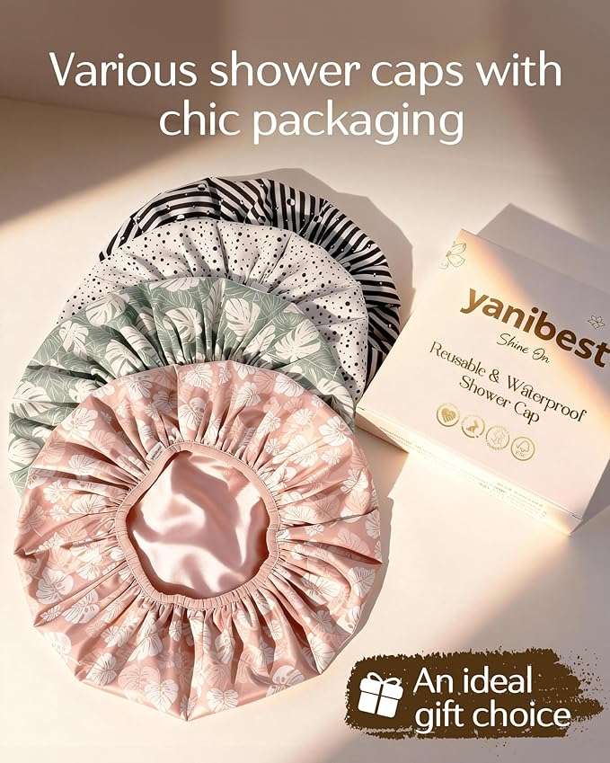 Yanibest Shower Cap for Women - Hair Satin Bonnet Shower Cap Waterproof Large Double Layer Reusable with Soft Elastic Band for Braids Long Hair