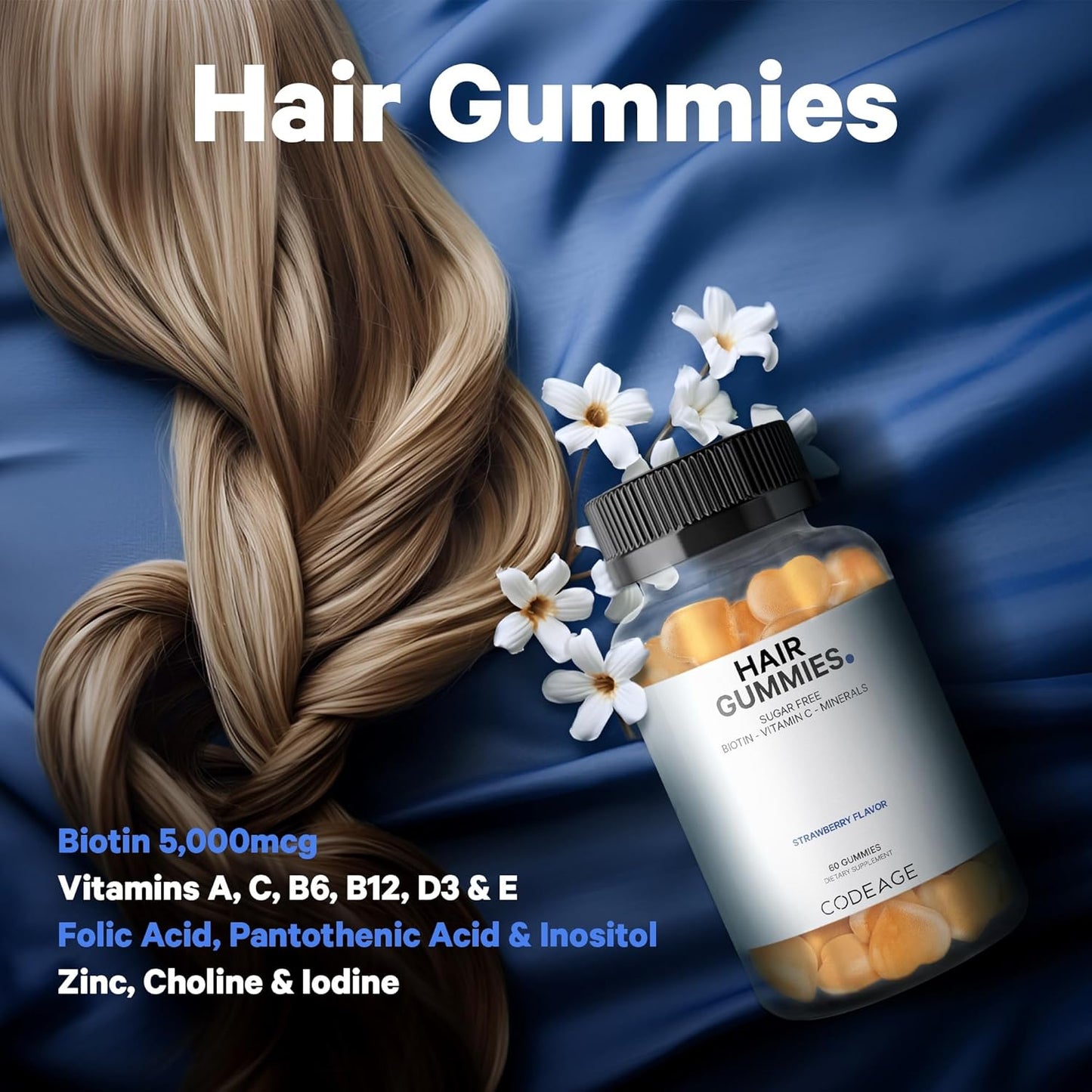 Codeage Hair Gummies, Biotin 5000 mcg, Sugar Free Growth Gummy Vitamins A, C, B6, B12, D3, Zinc, Inositol Supplement, Women & Men, Pantothenic Folic Acid, Nails, Skin, Strawberry Coconut Flavor, 60 ct