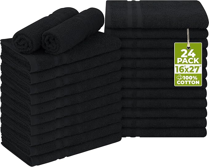 Utopia Towels Cotton Bleach Proof Salon Towel 16 by 27 inches, Bleach Safe 100% Cotton Hand Towel for Gym, 24 Pack, Black