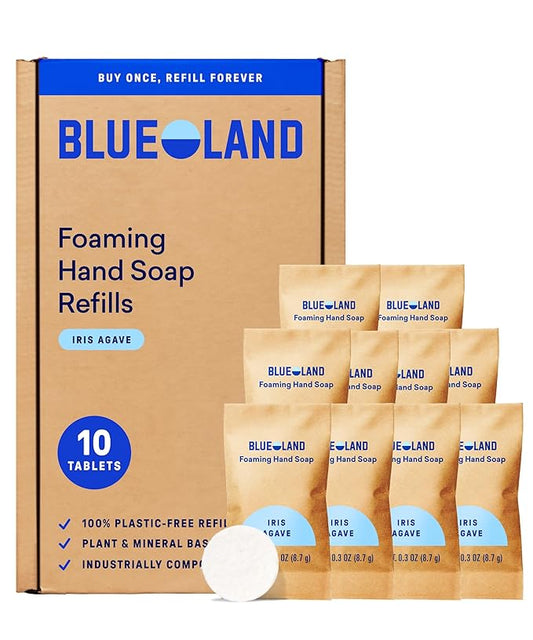 BLUELAND Foaming Hand Soap Refill Tablets, 10-Pack, Iris Agave Scent, Eco Friendly Cleaning Products, 10 x 9 Fl oz