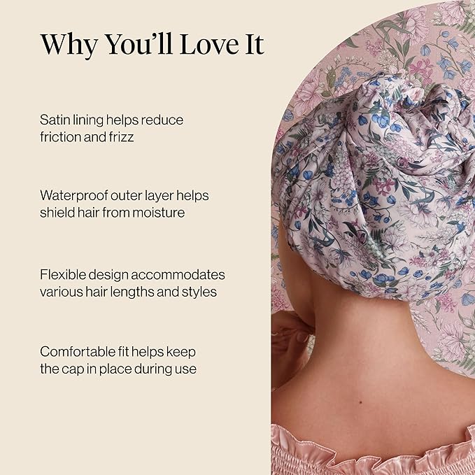 Bridgerton x Kitsch Satin-Lined Flexi Shower Caps for Women Reusable Waterproof - Large Wide Shower Cap for Women & Men, Adjustable, Stylish Hair Cap for Showers, For Long & Short Hair - Wisteria