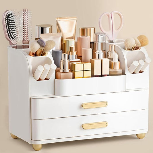 HBlife Makeup Organizer for Vanity with Brush Holder, Large Bathroom Countertop Cosmetic Organizer Skin Care Storage, Easy to Store Lipsticks, Nail Polishes, Perfumes, Eyeshadow Palettes, All White