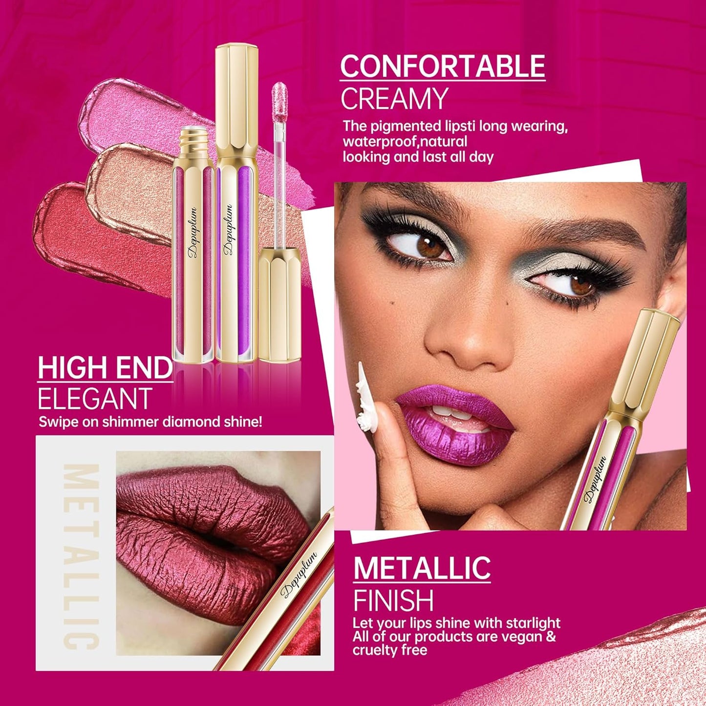 Dark Red Lipsticks for Women Metallic Lipstick Long Lasting Non Stick Cup Lip Gloss, Metal Shine Lightweight Hydrating Full Coverage Lip Color, DP104 Impassion