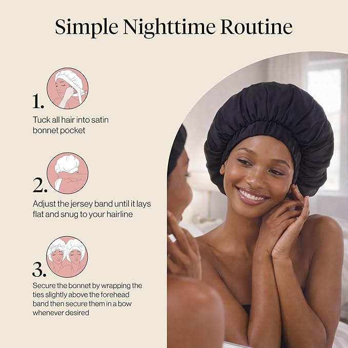 Kitsch XL Satin Bonnet for Sleeping - Softer Than Silk Bonnet For Sleeping Women - Secure Fit, Adjustable, Night Cap For Curly & Textured Hair - Prevents Breakage, Tangles & Thinning - Black