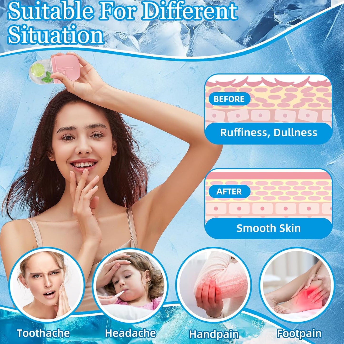 Ice Face Roller Massager for Face, Reusable Silicone Ice Cube Mold, Facial Beauty Ice Roller, Reduce Puffiness and Dark Circles, Minimize Pores & Improve Skin Texture (Pink)