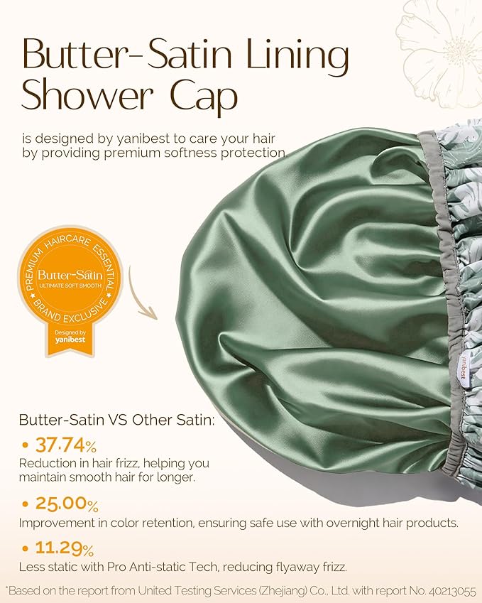 Yanibest Shower Cap for Women - Hair Satin Bonnet Shower Cap Waterproof Large Double Layer Reusable with Soft Elastic Band for Braids Long Hair