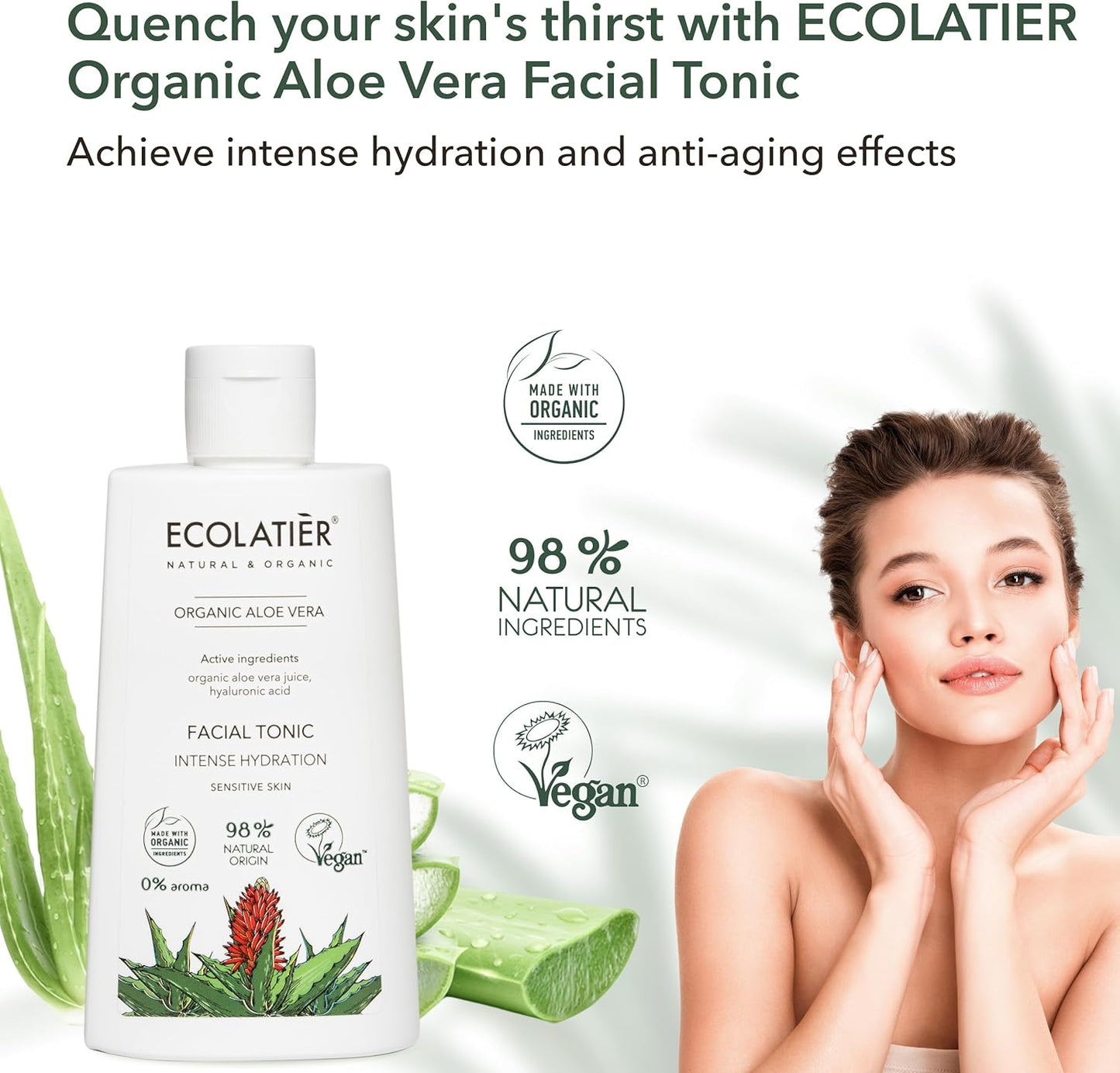 Organic Aloe Vera Facial Toner - 98% Natural Ingredients - Intense Hydration, Hyaluronic Acid, 98% Natural, Vegan - Deep Moisture, Refreshes, and Revitalizes The Skin - 8.5 Fl Oz / 250ml