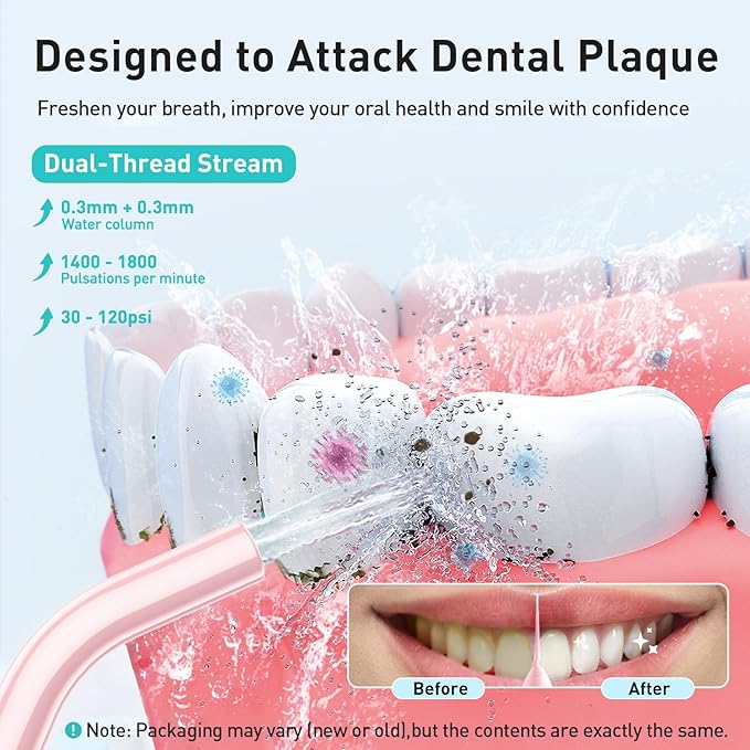 COSLUS Water Dental Flosser Teeth Pick C20(F5020E): Portable Cordless Oral Irrigator 300ML Rechargeable Travel Irrigation Cleaner IPX7 Waterproof Electric Flossing Machine for Teeth Cleaning, Pink