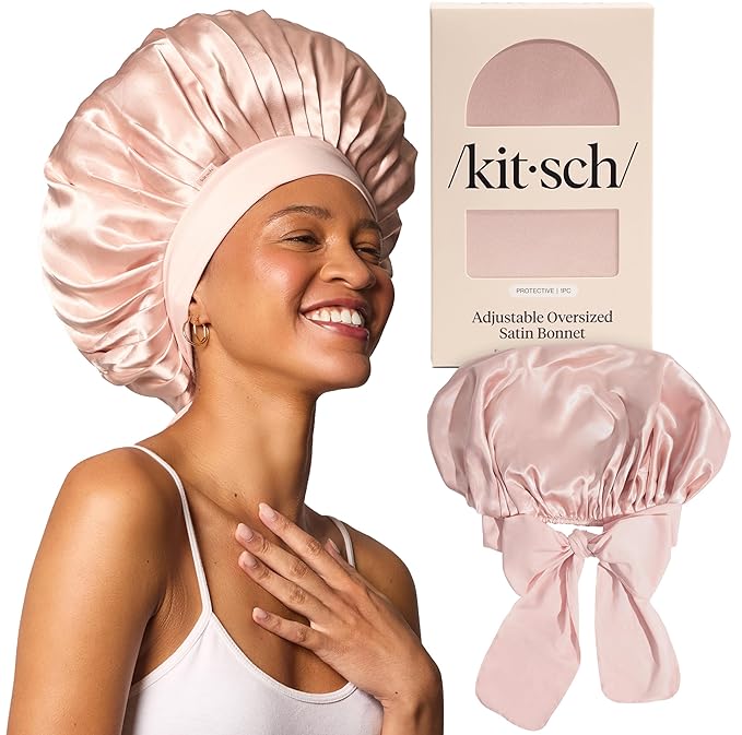 Kitsch XL Satin Bonnet for Sleeping - Softer Than Silk Bonnet For Sleeping Women - Secure Fit, Adjustable, Night Cap For Curly & Textured Hair - Prevents Breakage, Tangles & Thinning - Blush