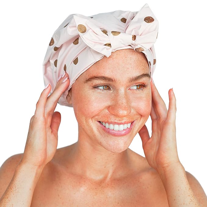 Kitsch Luxury Shower Caps for Women Reusable Waterproof - Large Shower Cap for Women, Non-slip, Quick-dry Hair Cap for Long and Short Hair, Comfortable and Stylish Design - Blush Dot