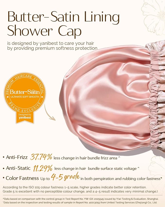 Yanibest Satin Lined Shower Cap for Women Reusable Waterproof, Large Bath Cap with Soft Elastic Band, Luxury Hair Protection Caps (Pink Leaves)