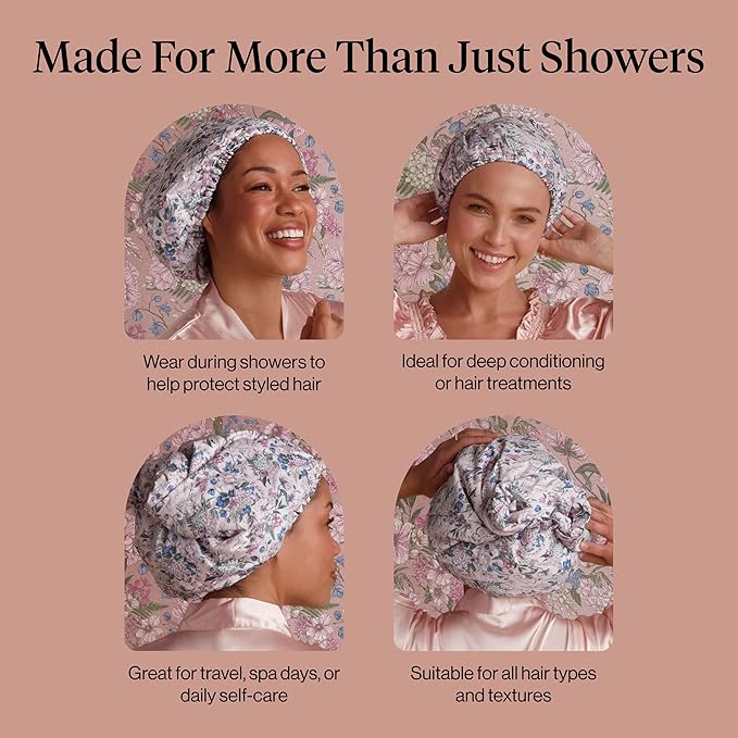 Bridgerton x Kitsch Satin-Lined Flexi Shower Caps for Women Reusable Waterproof - Large Wide Shower Cap for Women & Men, Adjustable, Stylish Hair Cap for Showers, For Long & Short Hair - Wisteria