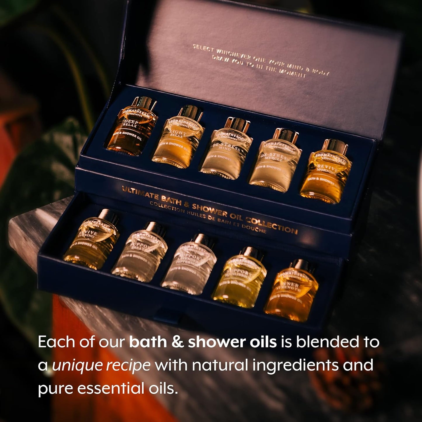 Aromatherapy Associates Essential Oil Blends – Luxury Body and Shower Oils for Dry Skin and Daily Aromatherapy, 10-Pack (0.30 fl oz Each) in Decorative Gift Box