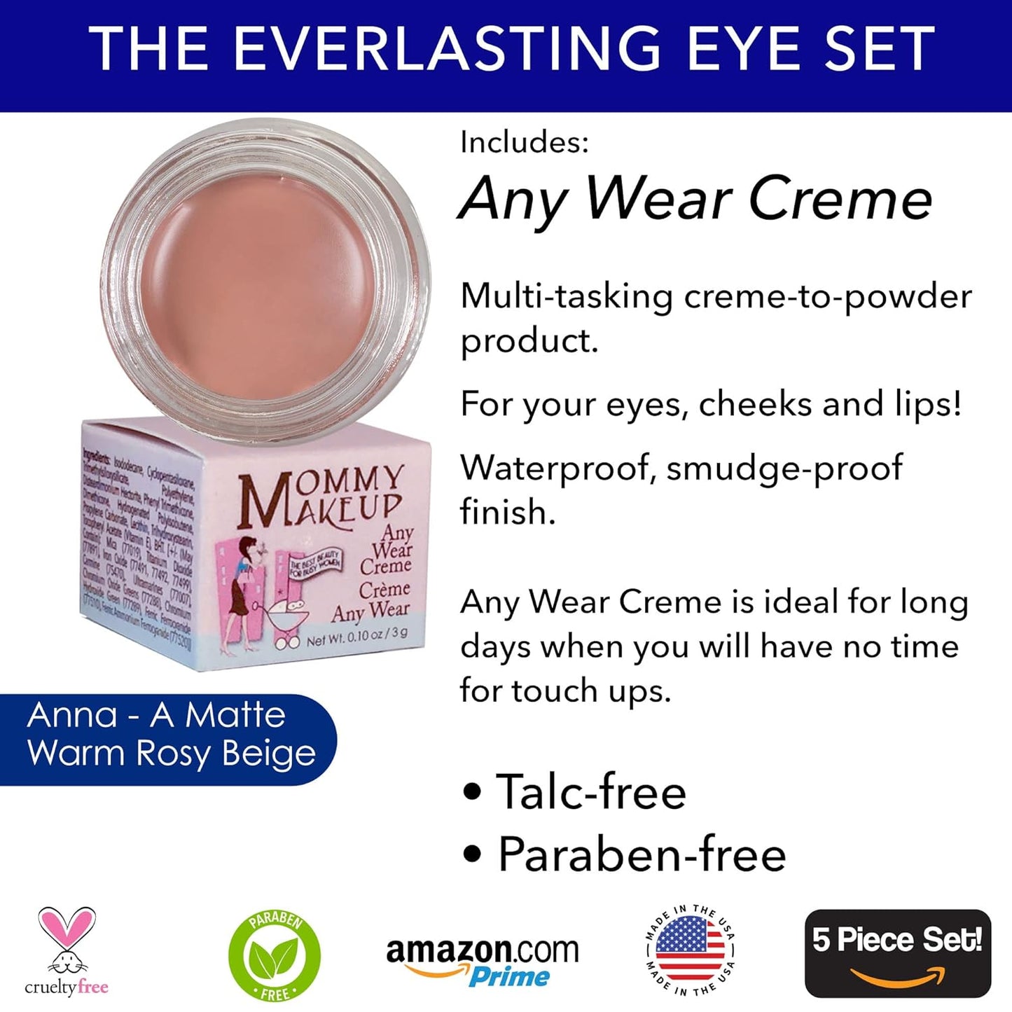 The Everlasting Eye 5 Piece Waterproof Makeup Set. Gel Eyeliner, Creme Eyeshadow, 2 brushes and Mesh Bag. Paraben-free, Talc-free, Cruelty-free. Anna/Black Beauty 1201