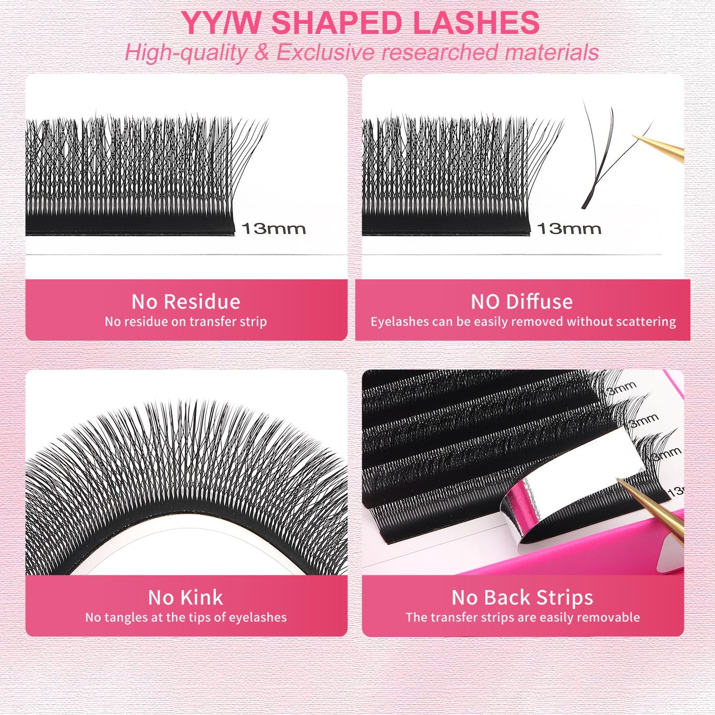 Lash Extensions Three Core Tips 3D Eyelash Extensions W Shape 0.07mm Thickness C Curl 14mm Premade Fans Easy Fan Volume Lashes Matte Black Crisscross(W-3D-Three Core-0.07-C,14mm)