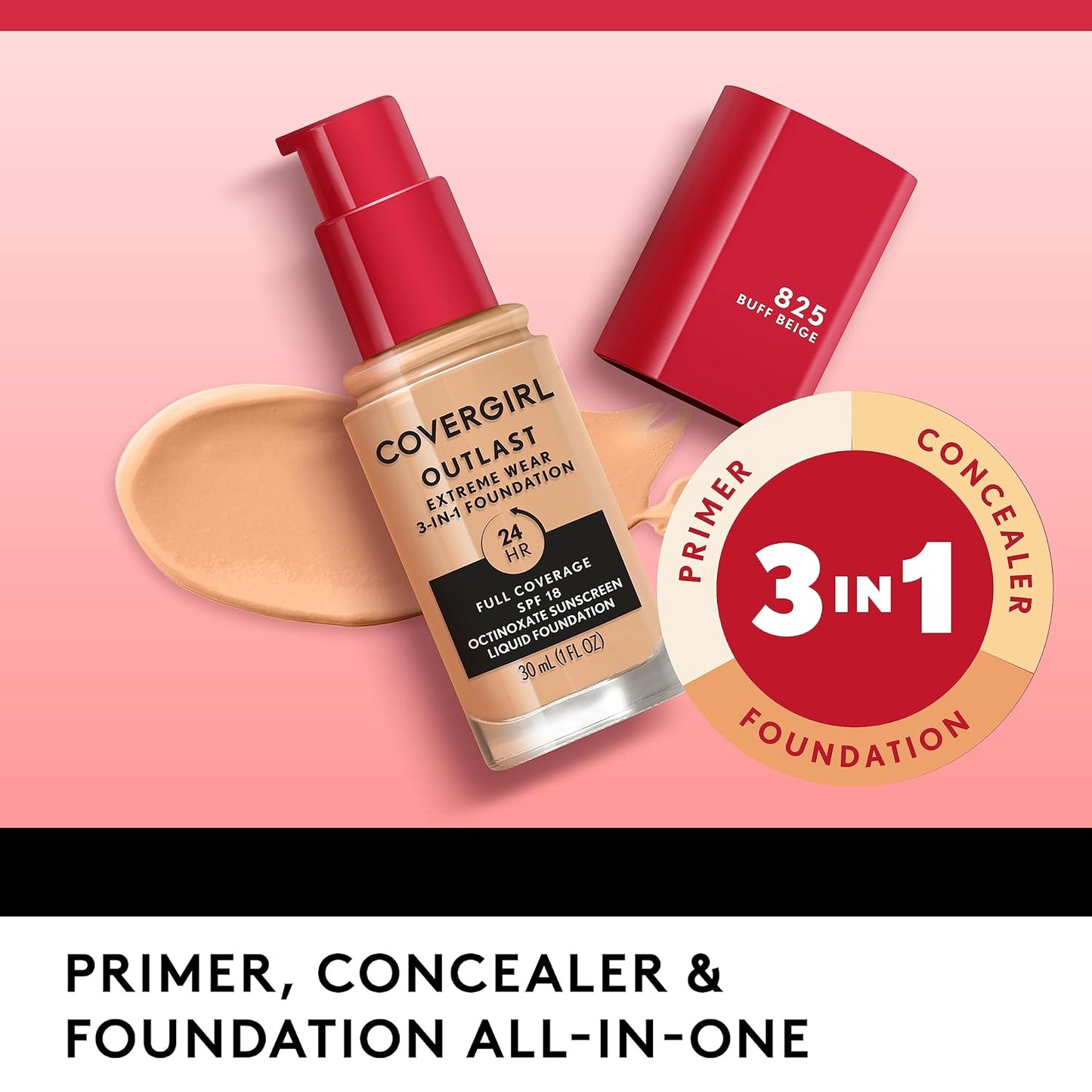 Covergirl Outlast Extreme Wear 3-in-1 Full Coverage Liquid Foundation, SPF 18 Sunscreen, Golden Ivory, 1 Fl. Oz.