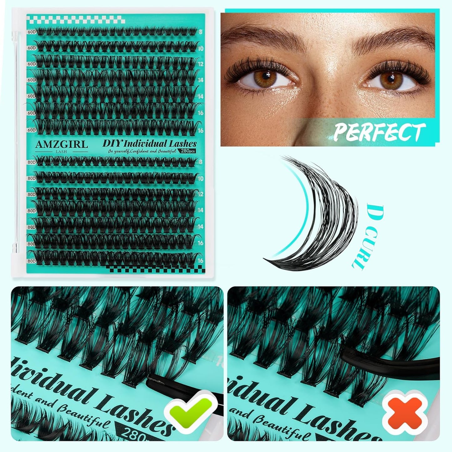 Lash Clusters Kit 280Pcs,60D 80D Eyelash Extension Kit,Lash Bond and Seal Waterproof,Lash Remover for Individual Cluster Lashes Kit,Lash Applicator Tool for DIY Lash Extension Kit(D-Mix9-16mm Kit)