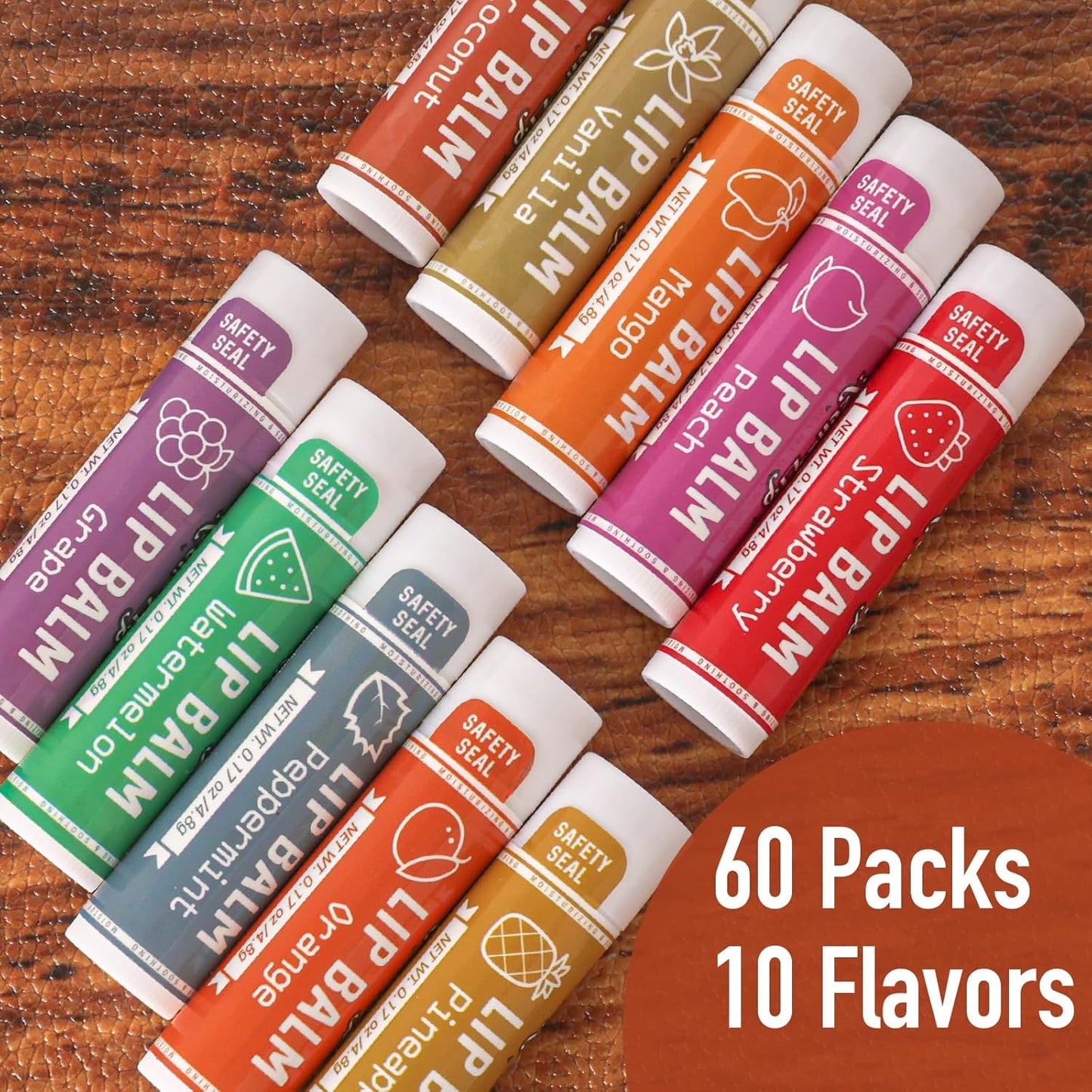 AZEN 60 Pack Natural Lip Balm, Moisturizing Lip Care Product for Dry Cracked Lips (C-60) - 10 Flavors