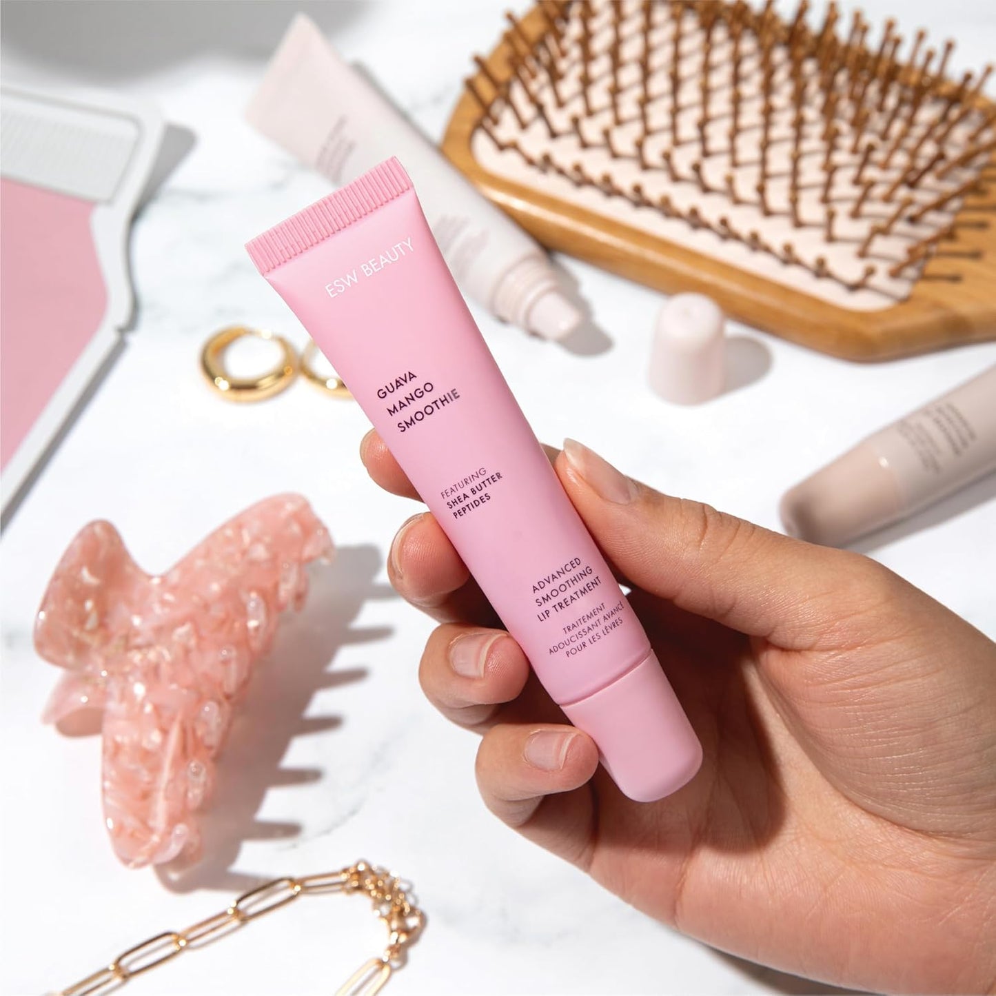 ESW Beauty Guava Mango Smoothie Lip Treatment - Light Pink Tint with Shea Butter, Peptides, Guava & Mango for Advanced Smoothing & Collagen Boost