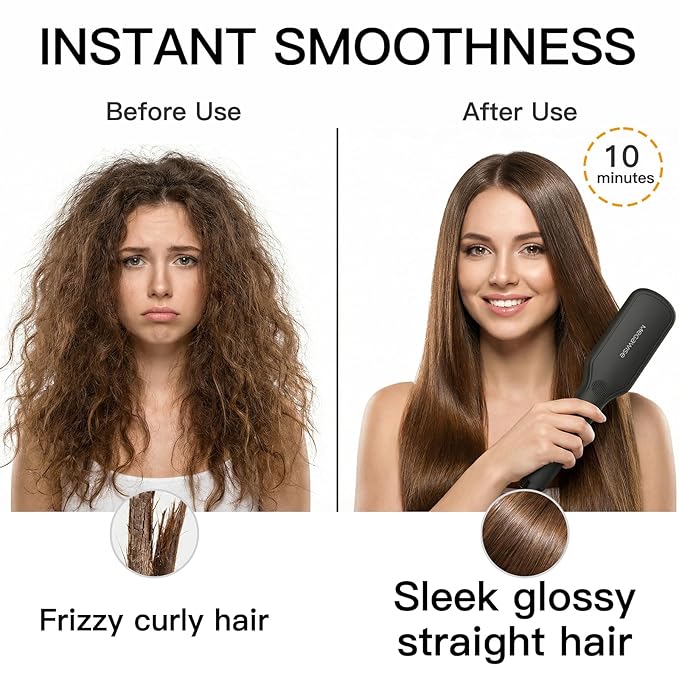 MEGAWISE Pro Ceramic Ionic Hair Straightener Brush for Home Salon, Straightening Hair Brush with 20s Heating Tech, Auto-Off, Anti-Scald with Universal Dual Voltage,Rotatable Power Cord, Black