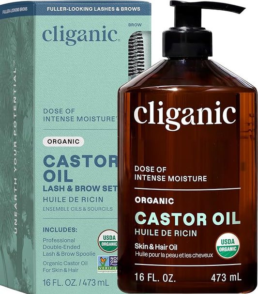 Cliganic Organic Castor Oil, 100% Pure (16oz with Eyelash Kit) - For Eyelashes, Eyebrows, Hair & Skin | Bulk, Natural Cold Pressed Unrefined Hexane-Free | DIY Carrier Oil