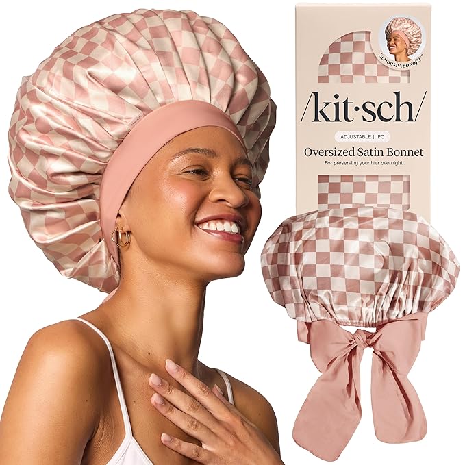 Kitsch XL Satin Bonnet for Sleeping - Softer Than Silk Bonnet For Sleeping Women - Secure Fit Adjustable Night Cap For Curly & Textured Hair, Prevents Breakage, Tangles & Thinning, Terracotta Checker
