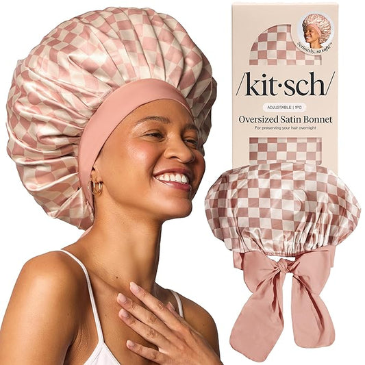 Kitsch XL Satin Bonnet for Sleeping - Softer Than Silk Bonnet For Sleeping Women - Secure Fit Adjustable Night Cap For Curly & Textured Hair, Prevents Breakage, Tangles & Thinning, Terracotta Checker