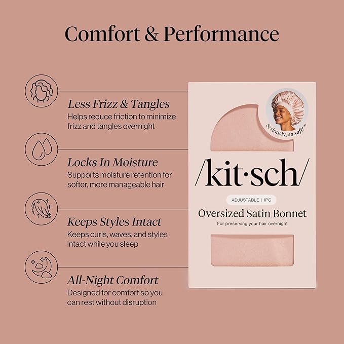 Kitsch XL Satin Bonnet for Sleeping - Softer Than Silk Bonnet For Sleeping Women - Secure Fit, Adjustable, Night Cap For Curly & Textured Hair - Prevents Breakage, Tangles & Thinning - Blush