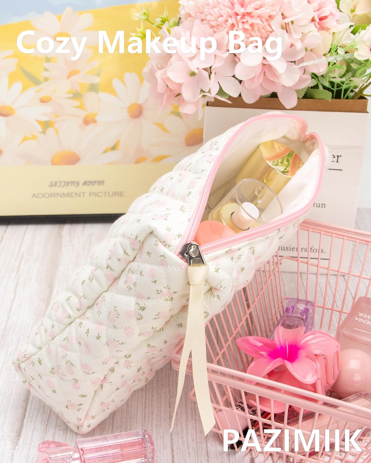 Quilted Makeup Bag Large Travel Zipper Soft Cosmetic Pouch for Women Girls Make Up,Little Flower Pink