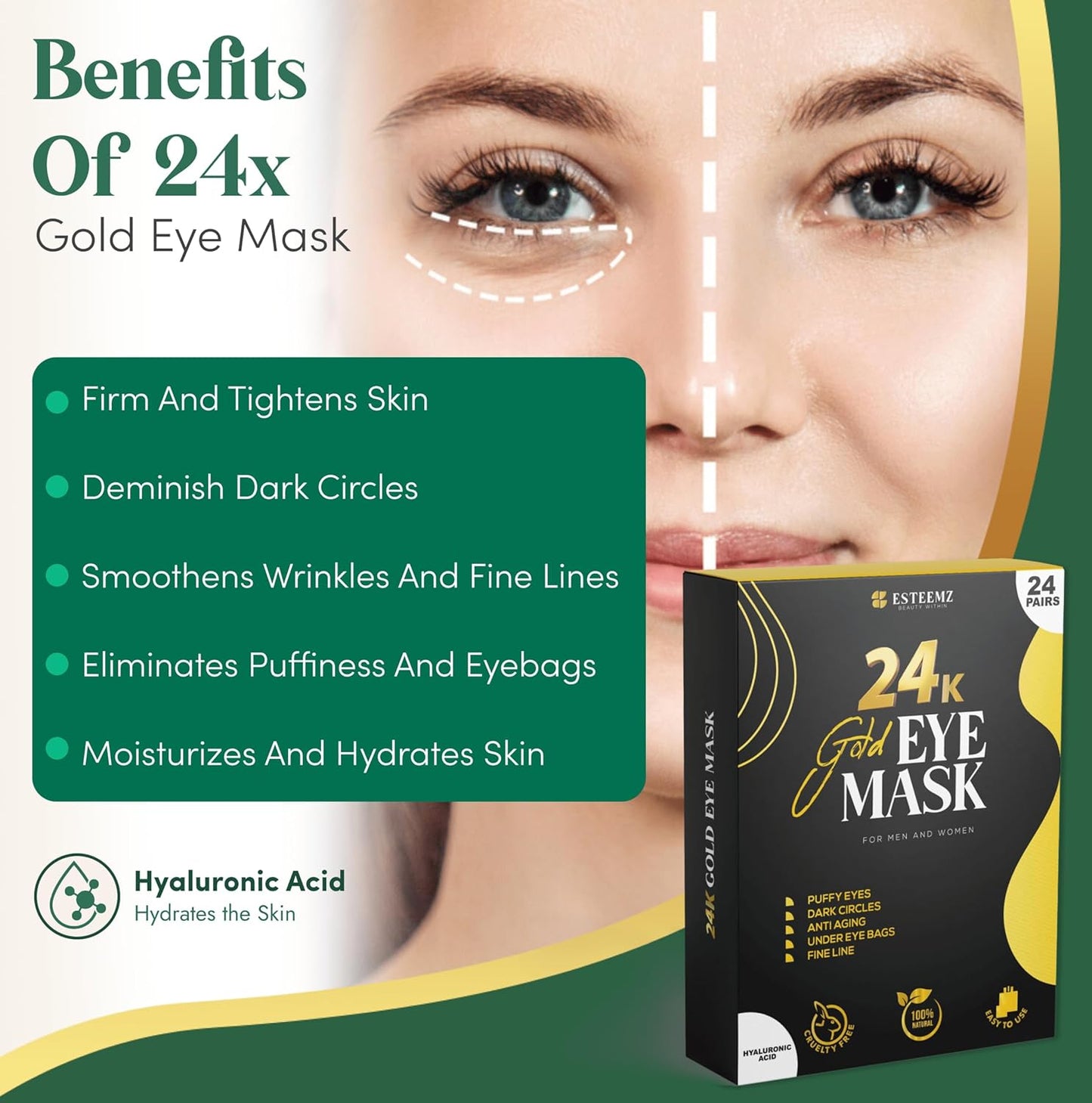24K Gold Under Eye Patches For Puffy Eyes (12 Pairs Individually Wrapped) - Collagen Enriched Under Eye Masks for Dark Circles and Puffiness, Hyaluronic Acid Under Eye Mask Patches for Wrinkles