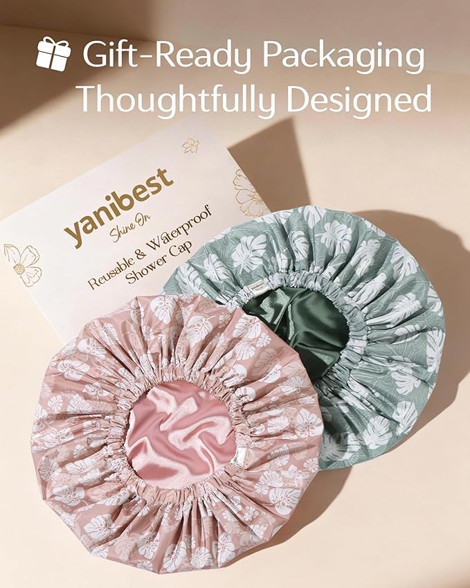 Yanibest Satin Lined Shower Cap for Women Reusable Waterproof, Large Bath Cap with Soft Elastic Band, Luxury Hair Protection Caps (Green Leaves)